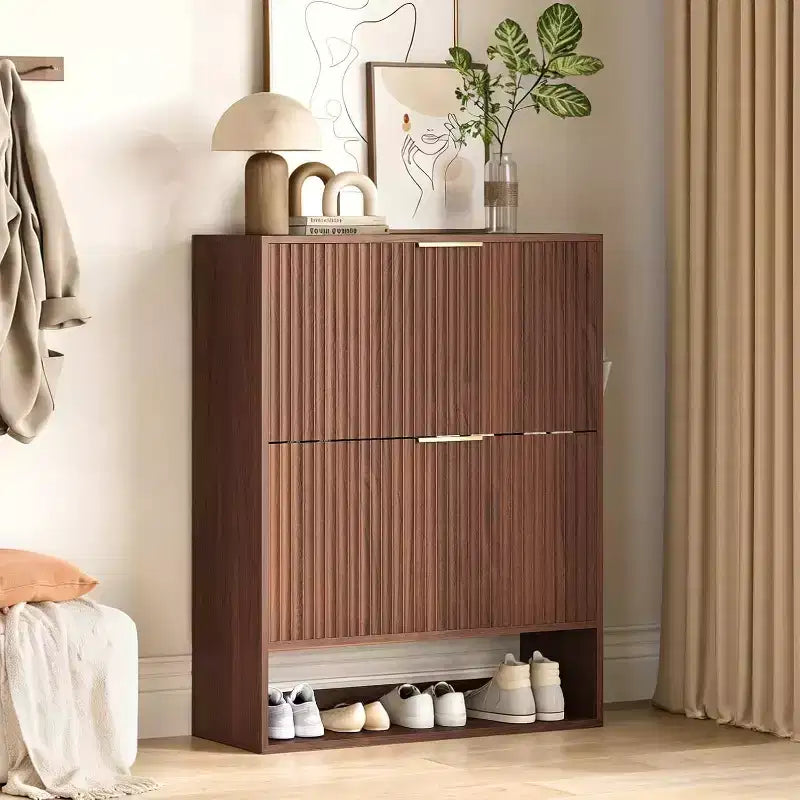 Slim Mid-Century Modern Shoe Cabinet, Flip Drawer Entryway Organizer with Adjustable Dividers and Hooks