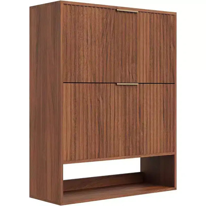 Slim Mid-Century Modern Shoe Cabinet, Flip Drawer Entryway Organizer with Adjustable Dividers and Hooks