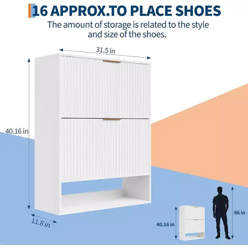 Slim Mid-Century Modern Shoe Cabinet, Flip Drawer Entryway Organizer with Adjustable Dividers and Hooks