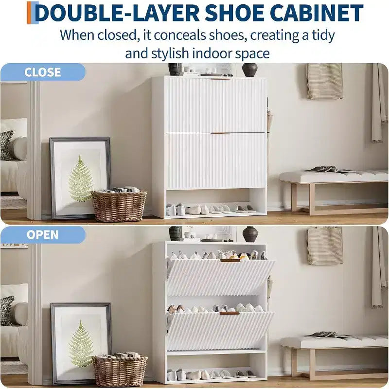 Slim Mid-Century Modern Shoe Cabinet, Flip Drawer Entryway Organizer with Adjustable Dividers and Hooks