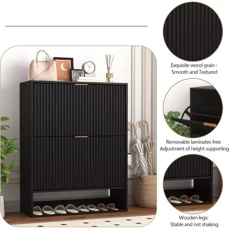 Slim Mid-Century Modern Shoe Cabinet, Flip Drawer Entryway Organizer with Adjustable Dividers and Hooks