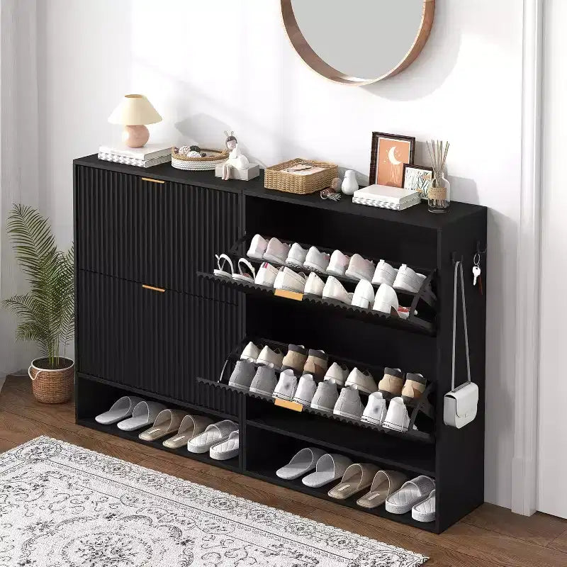 Slim Mid-Century Modern Shoe Cabinet, Flip Drawer Entryway Organizer with Adjustable Dividers and Hooks