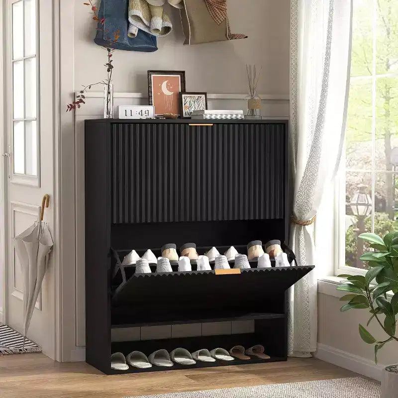 Slim Mid-Century Modern Shoe Cabinet, Flip Drawer Entryway Organizer with Adjustable Dividers and Hooks