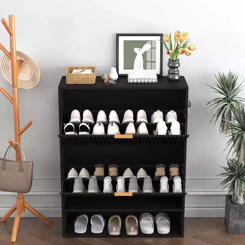 Slim Mid-Century Modern Shoe Cabinet, Flip Drawer Entryway Organizer with Adjustable Dividers and Hooks