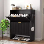 Acekool Slim Mid-Century Modern Shoe Cabinet, Flip Drawer Entryway Organizer with Adjustable Dividers and Hooks