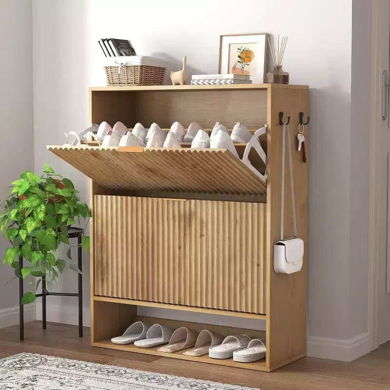 Slim Mid-Century Modern Shoe Cabinet, Flip Drawer Entryway Organizer with Adjustable Dividers and Hooks