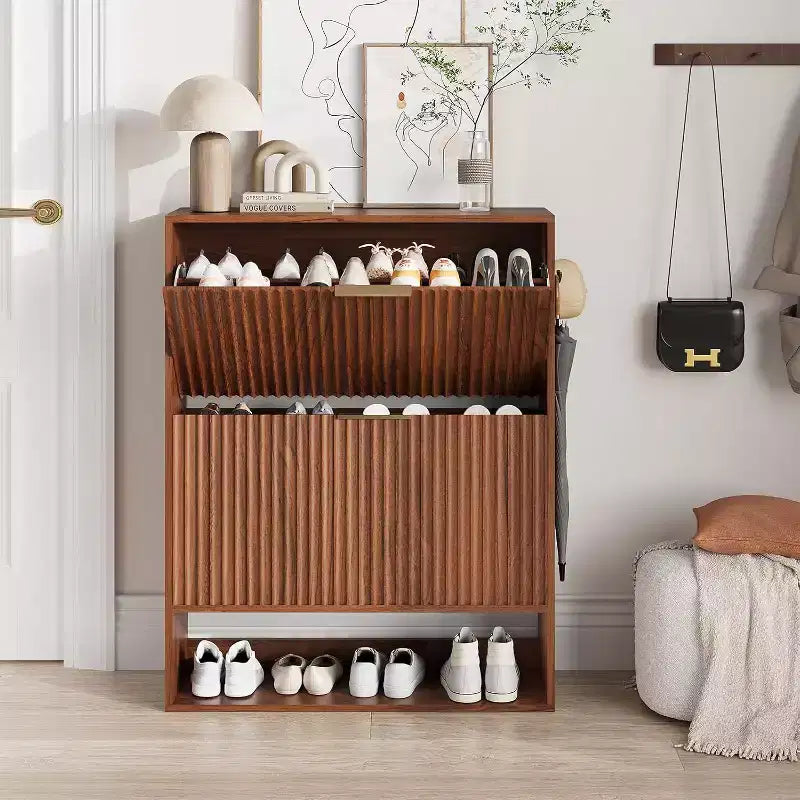 Slim Mid-Century Modern Shoe Cabinet, Flip Drawer Entryway Organizer with Adjustable Dividers and Hooks