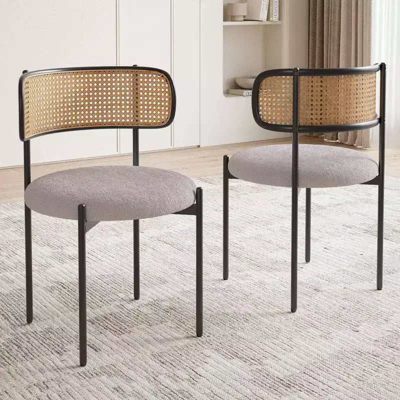 Modern Upholstered Dining Chairs Set of 2 with Metal Legs Rattan Back Dining Room Chairs for Kitchen Gray