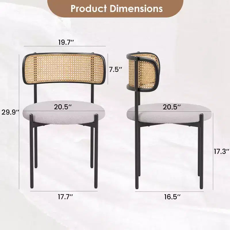 Modern Upholstered Dining Chairs Set of 2 with Metal Legs Rattan Back Dining Room Chairs for Kitchen Gray
