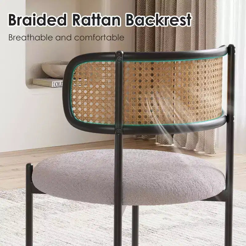 Modern Upholstered Dining Chairs Set of 2 with Metal Legs Rattan Back Dining Room Chairs for Kitchen Gray