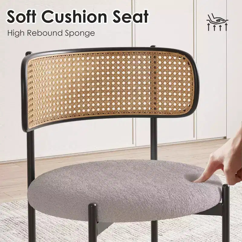 Modern Upholstered Dining Chairs Set of 2 with Metal Legs Rattan Back Dining Room Chairs for Kitchen Gray