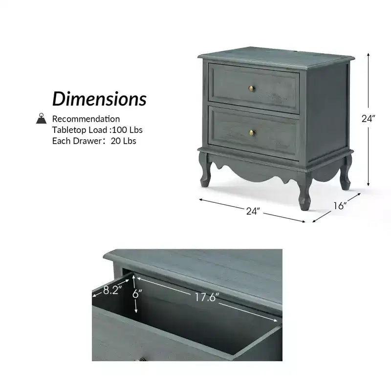 24 Tall 2 - Drawer End Table with Two Drawers and Charging Station| -BLUE