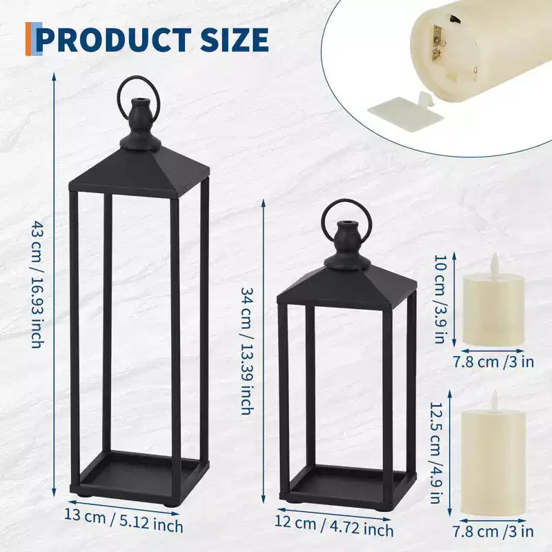 Black Metal Lantern Set of 2 Flameless LED Outdoor/Indoor Lanterns for Porch, Patio & Farmhouse Christmas Decor