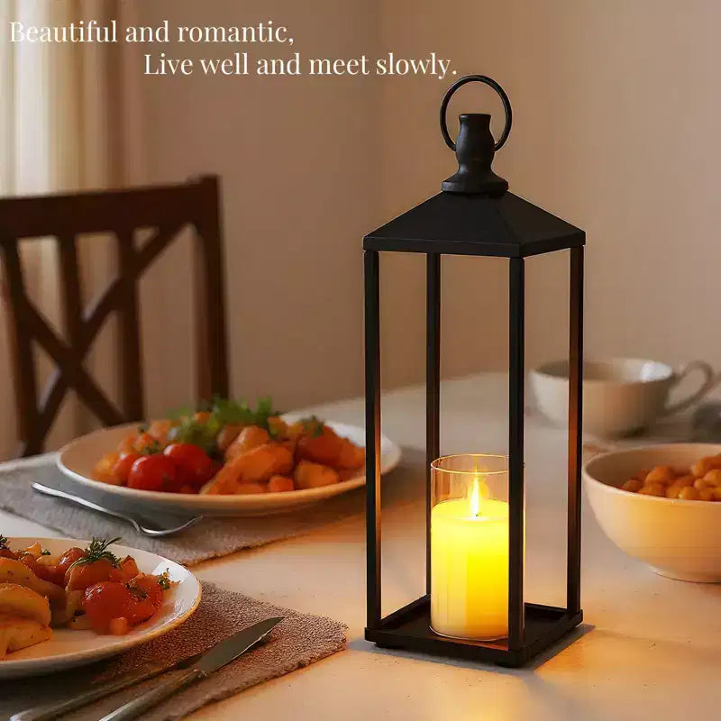 Black Metal Lantern Set of 2 Flameless LED Outdoor/Indoor Lanterns for Porch, Patio & Farmhouse Christmas Decor