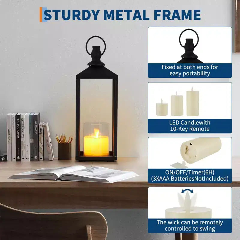 Black Metal Lantern Set of 2 Flameless LED Outdoor/Indoor Lanterns for Porch, Patio & Farmhouse Christmas Decor