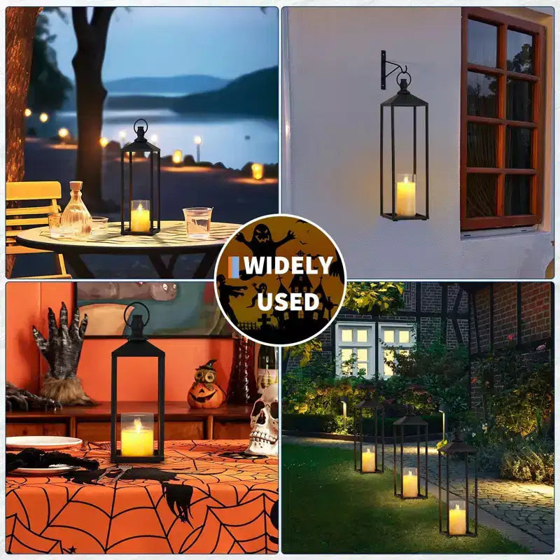 Black Metal Lantern Set of 2 Flameless LED Outdoor/Indoor Lanterns for Porch, Patio & Farmhouse Christmas Decor