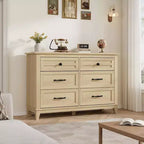 Commode à 6 tiroirs de 120 cm de large pour chambre à coucher, armoire de rangement en bois pour salon, entrée, chêne naturel