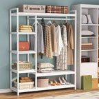 Lantine Free Standing Wood Closet Clothes Rack, Heavy Duty Garment Rack with Shelves for Bedroom, Wardrobe Organizer, 350 lb Capacity