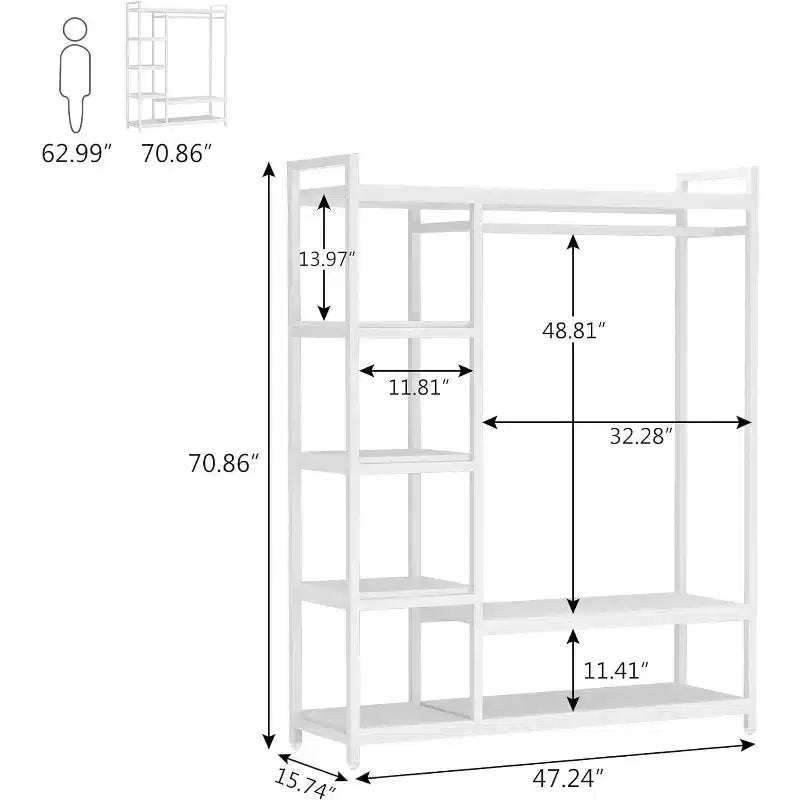 Free Standing Wood Closet Clothes Rack, Heavy Duty Garment Rack with Shelves for Bedroom, Wardrobe Organizer, 350 lb Capacity
