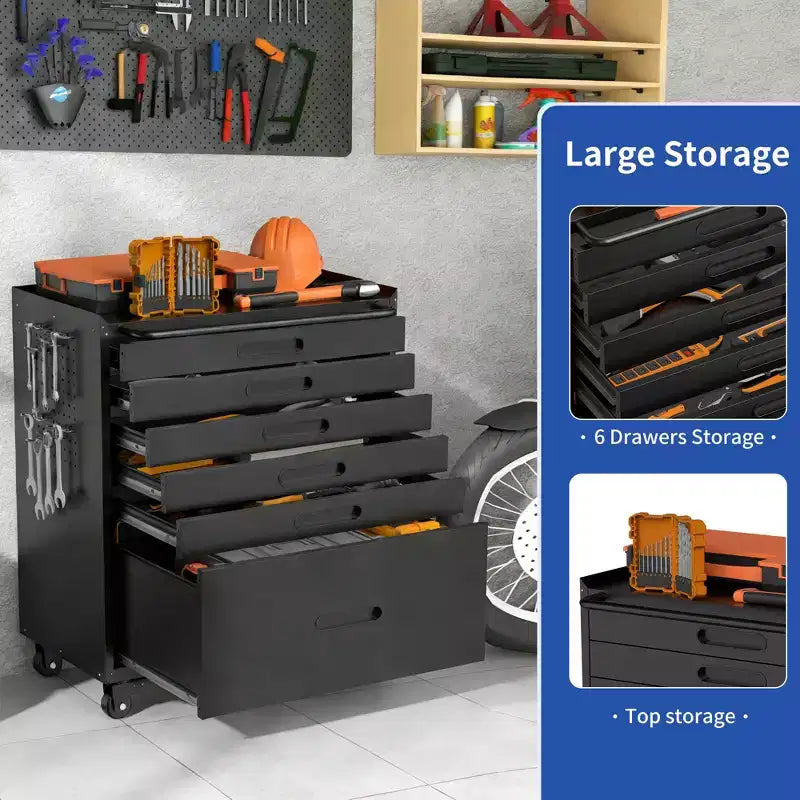 34 6-Drawer Rolling Tool Chest - Heavy-Duty Steel Mobile Garage Cabinet & Small Parts Storage Organizer, Black