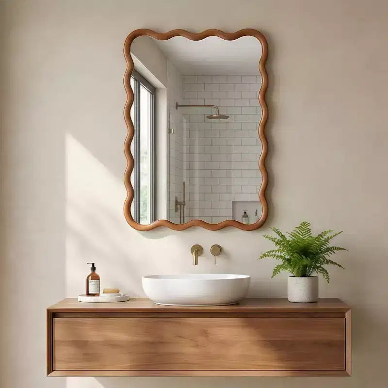 20 x 30 Wall Mirror with Solid Wood Frame, Wavy Rectangle Decorative Mirror for Bathroom, Bedroom, Living Room, Entryway