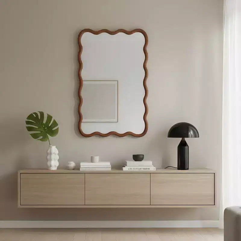 20 x 30 Wall Mirror with Solid Wood Frame, Wavy Rectangle Decorative Mirror for Bathroom, Bedroom, Living Room, Entryway