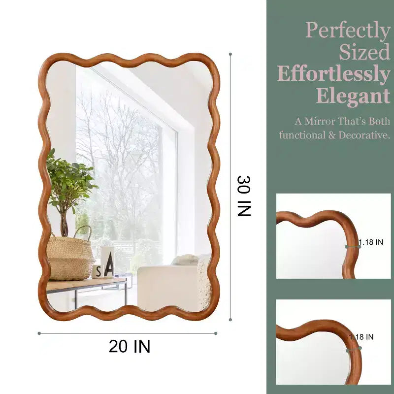 20 x 30 Wall Mirror with Solid Wood Frame, Wavy Rectangle Decorative Mirror for Bathroom, Bedroom, Living Room, Entryway