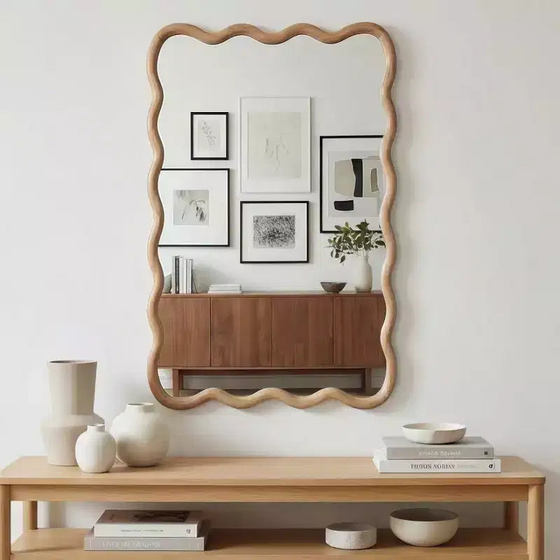20 x 30 Wall Mirror with Solid Wood Frame, Wavy Rectangle Decorative Mirror for Bathroom, Bedroom, Living Room, Entryway