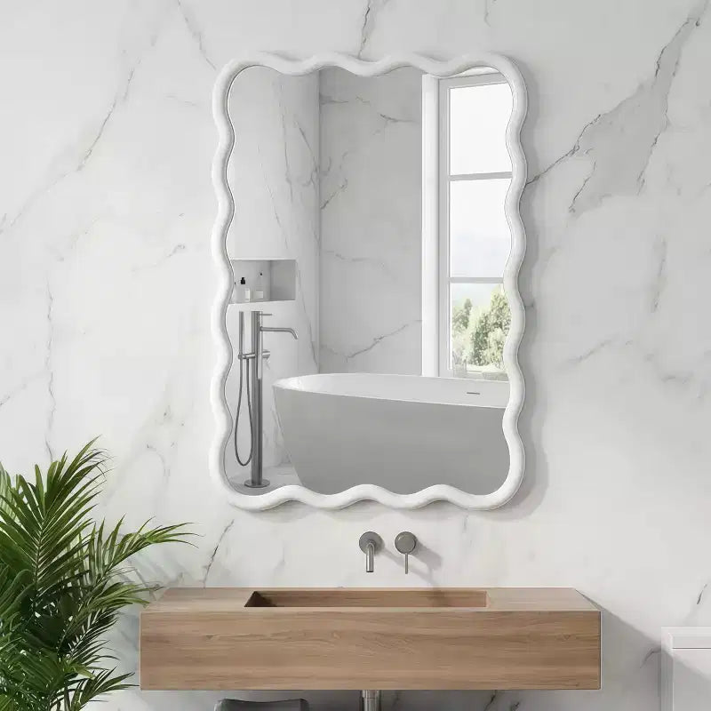 20 x 30 Wall Mirror with Solid Wood Frame, Wavy Rectangle Decorative Mirror for Bathroom, Bedroom, Living Room, Entryway
