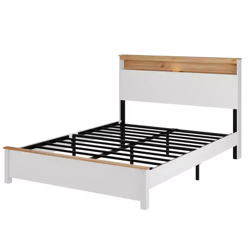 Platform Bed Frame with Integrated Charging Station & Storage Headboard, LED Light, Antique White.