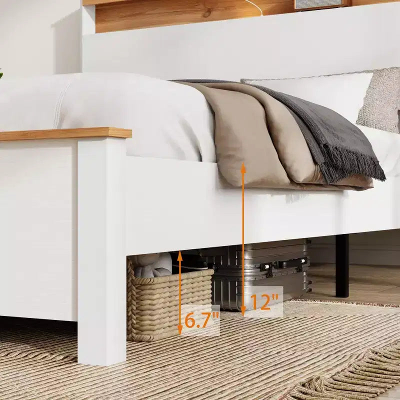 Platform Bed Frame with Integrated Charging Station & Storage Headboard, LED Light, Antique White.