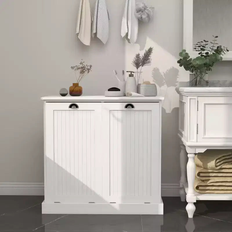 Two-Compartment Tilt-Out Laundry Sorter Cabinet with Hidden Storage