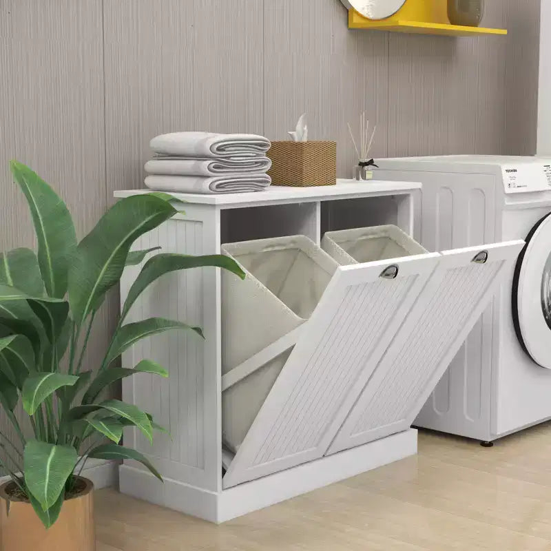 Two-Compartment Tilt-Out Laundry Sorter Cabinet with Hidden Storage