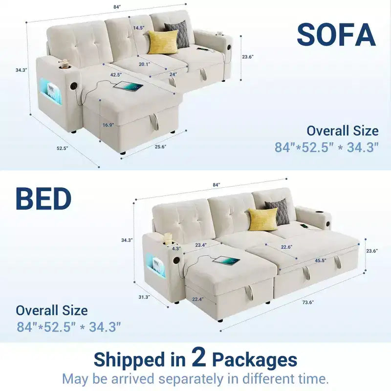 84 Sleeper Sofa with Storage, Convertible Sectional Couch Bed with Reversible Chaise, Pull Out Sofa Bed for Living Room Apartment