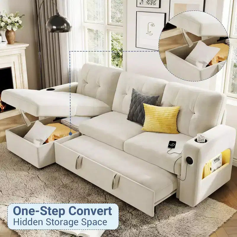84 Sleeper Sofa with Storage, Convertible Sectional Couch Bed with Reversible Chaise, Pull Out Sofa Bed for Living Room Apartment