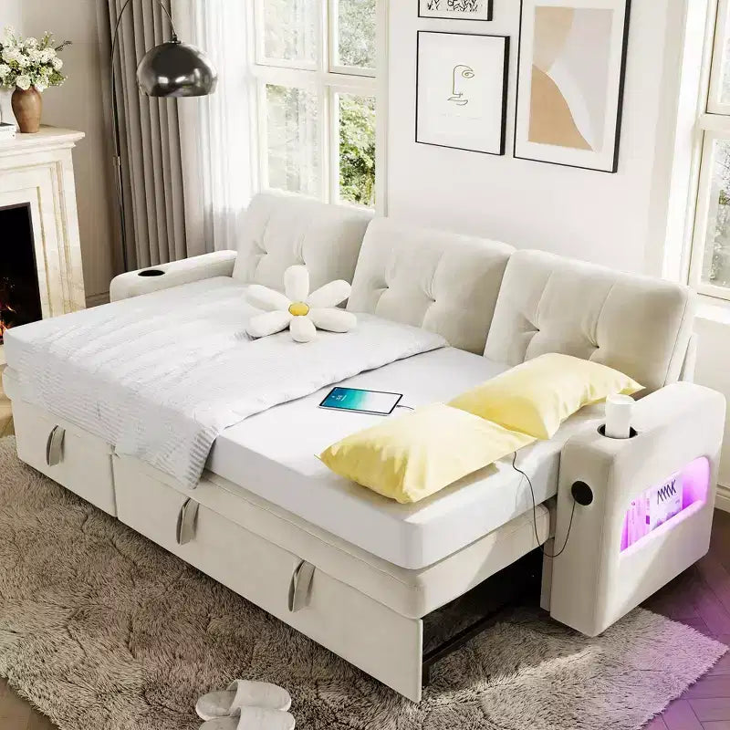 84 Sleeper Sofa with Storage, Convertible Sectional Couch Bed with Reversible Chaise, Pull Out Sofa Bed for Living Room Apartment