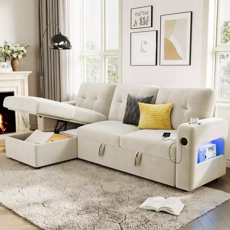 84 Sleeper Sofa with Storage, Convertible Sectional Couch Bed with Reversible Chaise, Pull Out Sofa Bed for Living Room Apartment