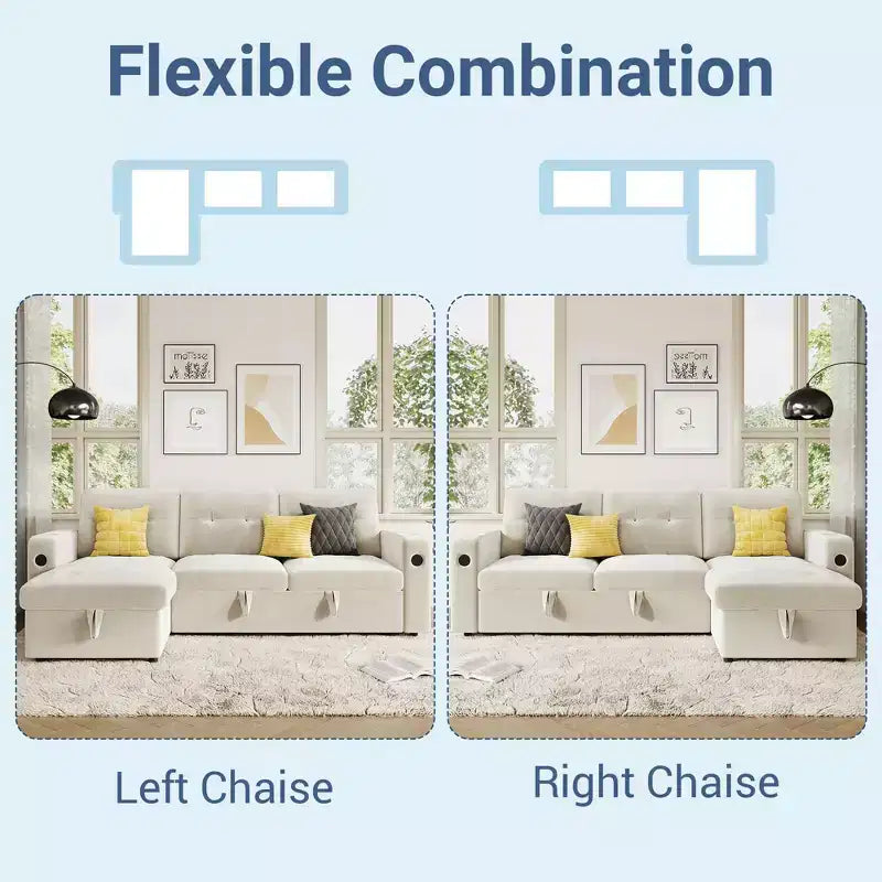 84 Sleeper Sofa with Storage, Convertible Sectional Couch Bed with Reversible Chaise, Pull Out Sofa Bed for Living Room Apartment