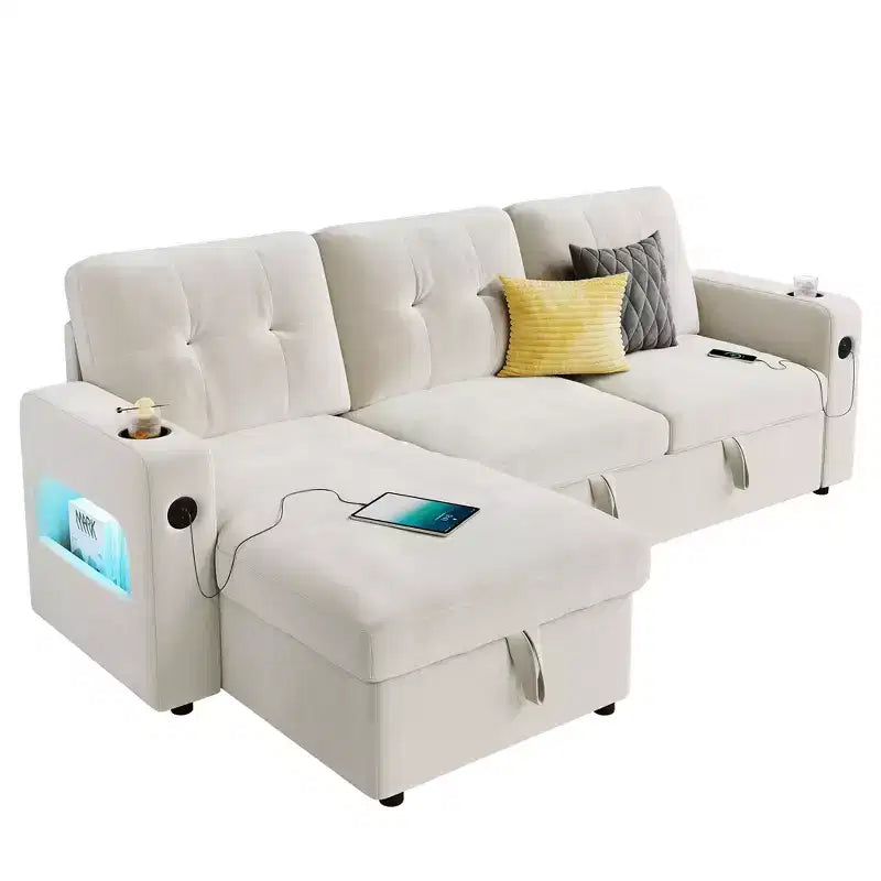 84 Sleeper Sofa with Storage, Convertible Sectional Couch Bed with Reversible Chaise, Pull Out Sofa Bed for Living Room Apartment