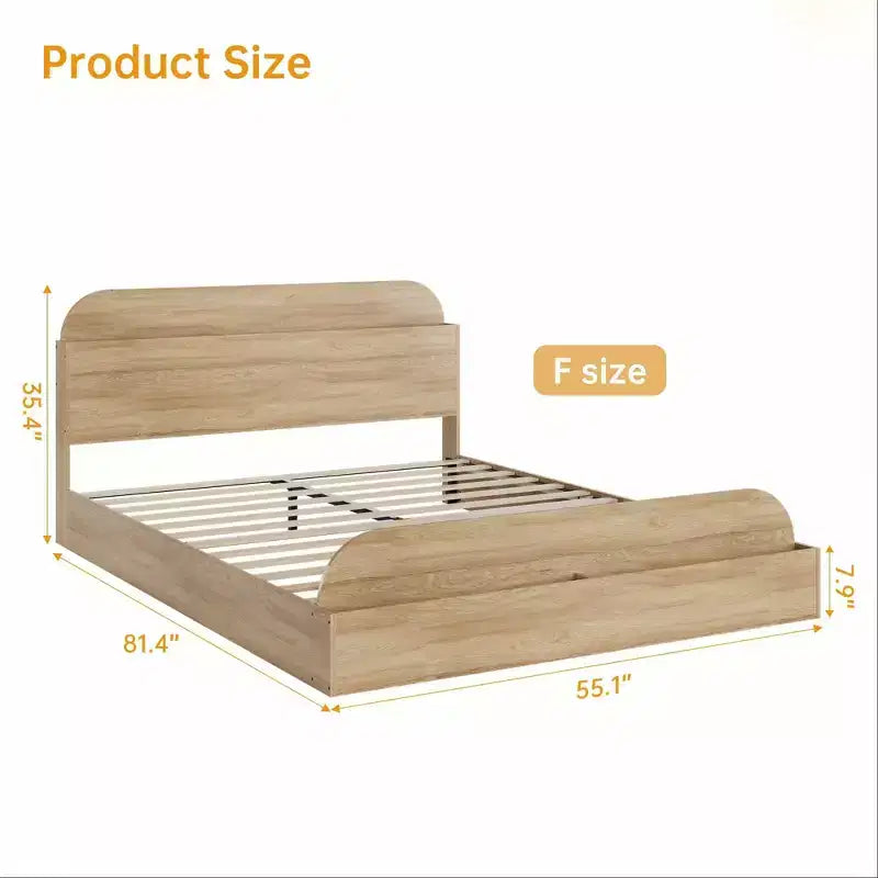 Queen Size Bed Frame, Wooden Beds with Storage Headboard and Raised-Foodboard, Twin-Floor Low Platform Bed for Bedroom, No Box Spring Needed