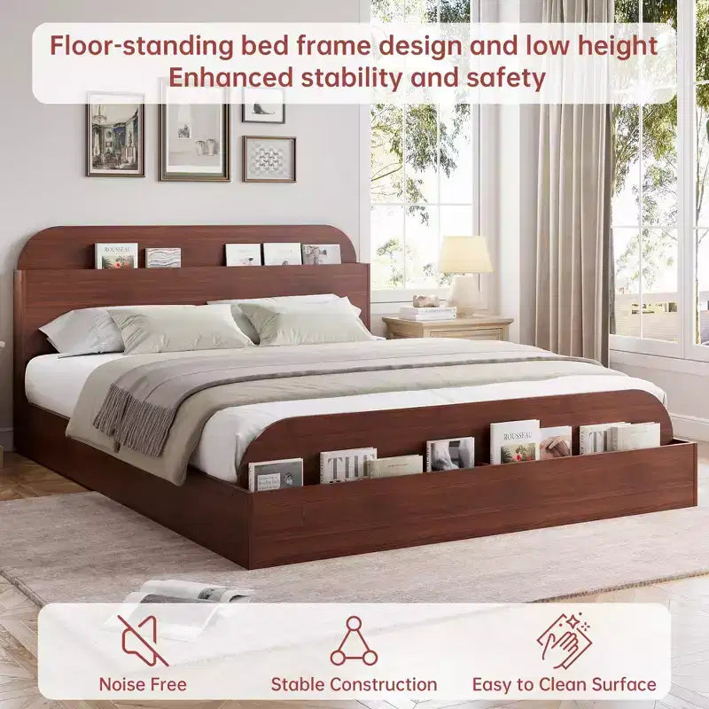 Queen Size Bed Frame, Wooden Beds with Storage Headboard and Raised-Foodboard, Twin-Floor Low Platform Bed for Bedroom, No Box Spring Needed