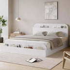 Cadre de lit Queen Size, lits en bois avec tête de lit de rangement et pied de lit surélevé, lit plateforme basse jumeau pour chambre à coucher, sommier tapissier non requis