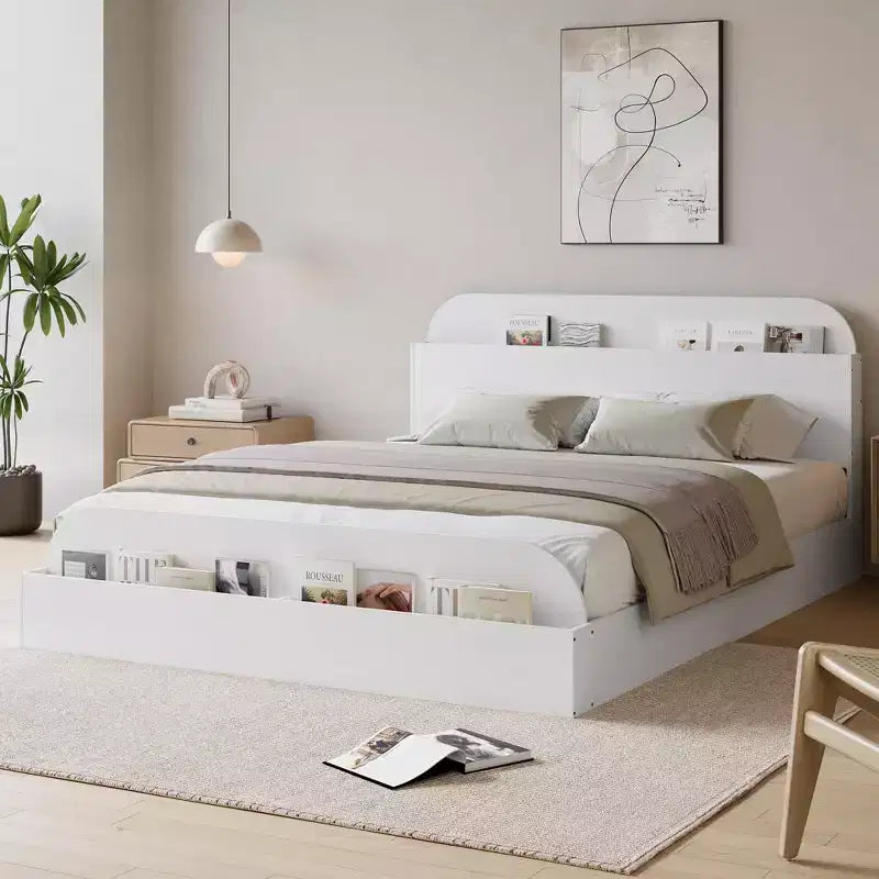 Queen Size Bed Frame, Wooden Beds with Storage Headboard and Raised-Foodboard, Twin-Floor Low Platform Bed for Bedroom, No Box Spring Needed