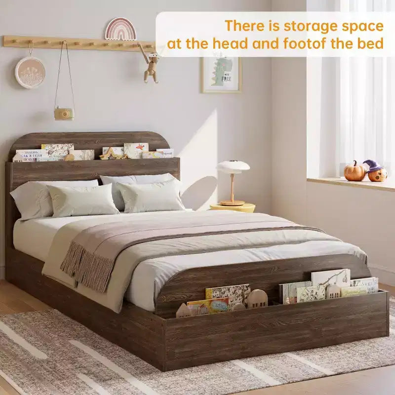 Queen Size Bed Frame, Wooden Beds with Storage Headboard and Raised-Foodboard, Twin-Floor Low Platform Bed for Bedroom, No Box Spring Needed