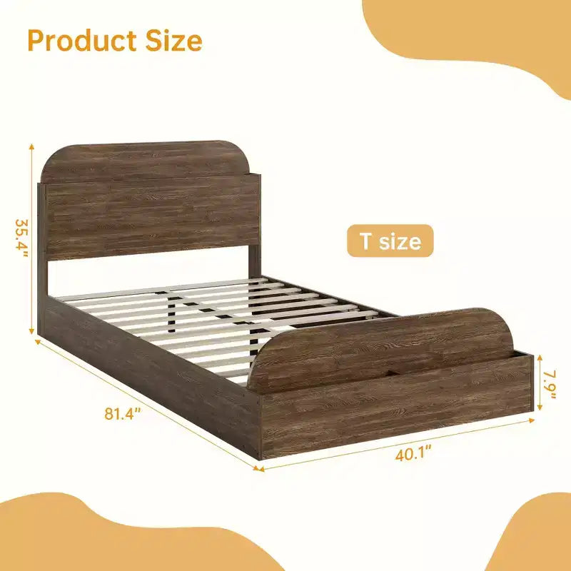 Queen Size Bed Frame, Wooden Beds with Storage Headboard and Raised-Foodboard, Twin-Floor Low Platform Bed for Bedroom, No Box Spring Needed