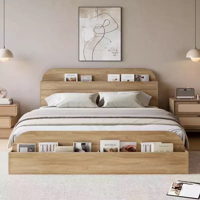 Queen Size Bed Frame, Wooden Beds with Storage Headboard and Raised-Foodboard, Twin-Floor Low Platform Bed for Bedroom, No Box Spring Needed