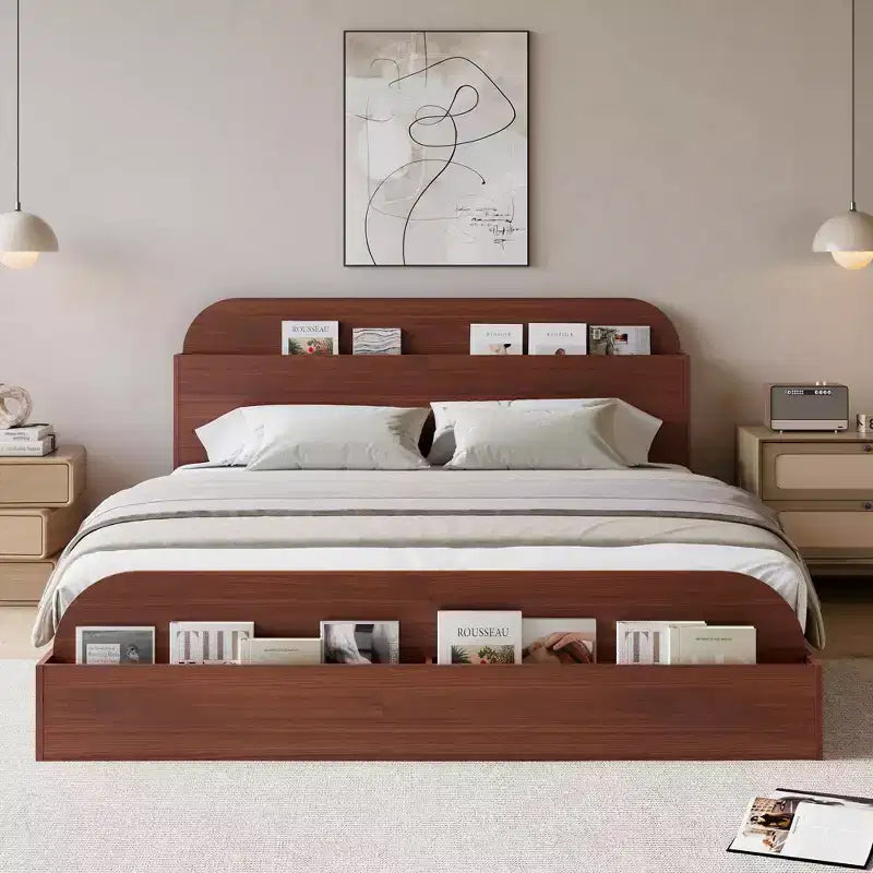 Queen Size Bed Frame, Wooden Beds with Storage Headboard and Raised-Foodboard, Twin-Floor Low Platform Bed for Bedroom, No Box Spring Needed