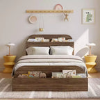 Queen Size Bed Frame, Wooden Beds with Storage Headboard and Raised-Foodboard, Twin-Floor Low Platform Bed for Bedroom,, No Box Spring Needed