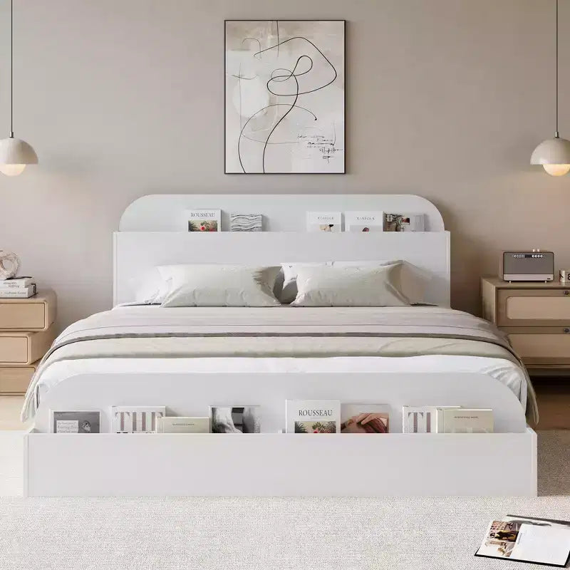 Queen Size Bed Frame, Wooden Beds with Storage Headboard and Raised-Foodboard, Twin-Floor Low Platform Bed for Bedroom, No Box Spring Needed