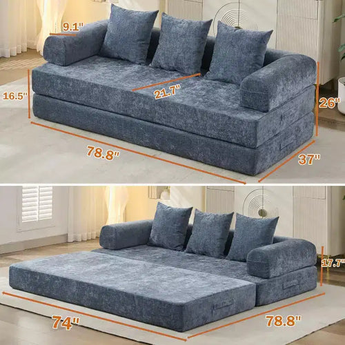 4-in-1 Convertible Sofa Bed, Floor Foldable Couch Bed with Armrests & Pillow, No Assembly Required, Comfy Memory Foam Couch, Blue